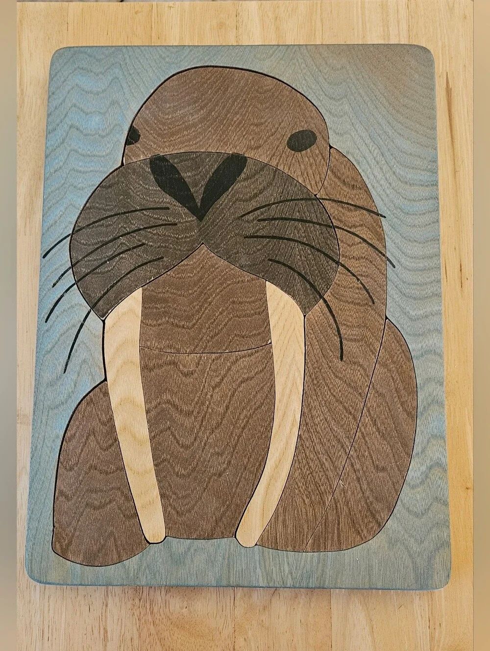 Vintage 1978 The Puzzle People Inc Wooden Walrus Puzzle Inlaid Wood Art 10
